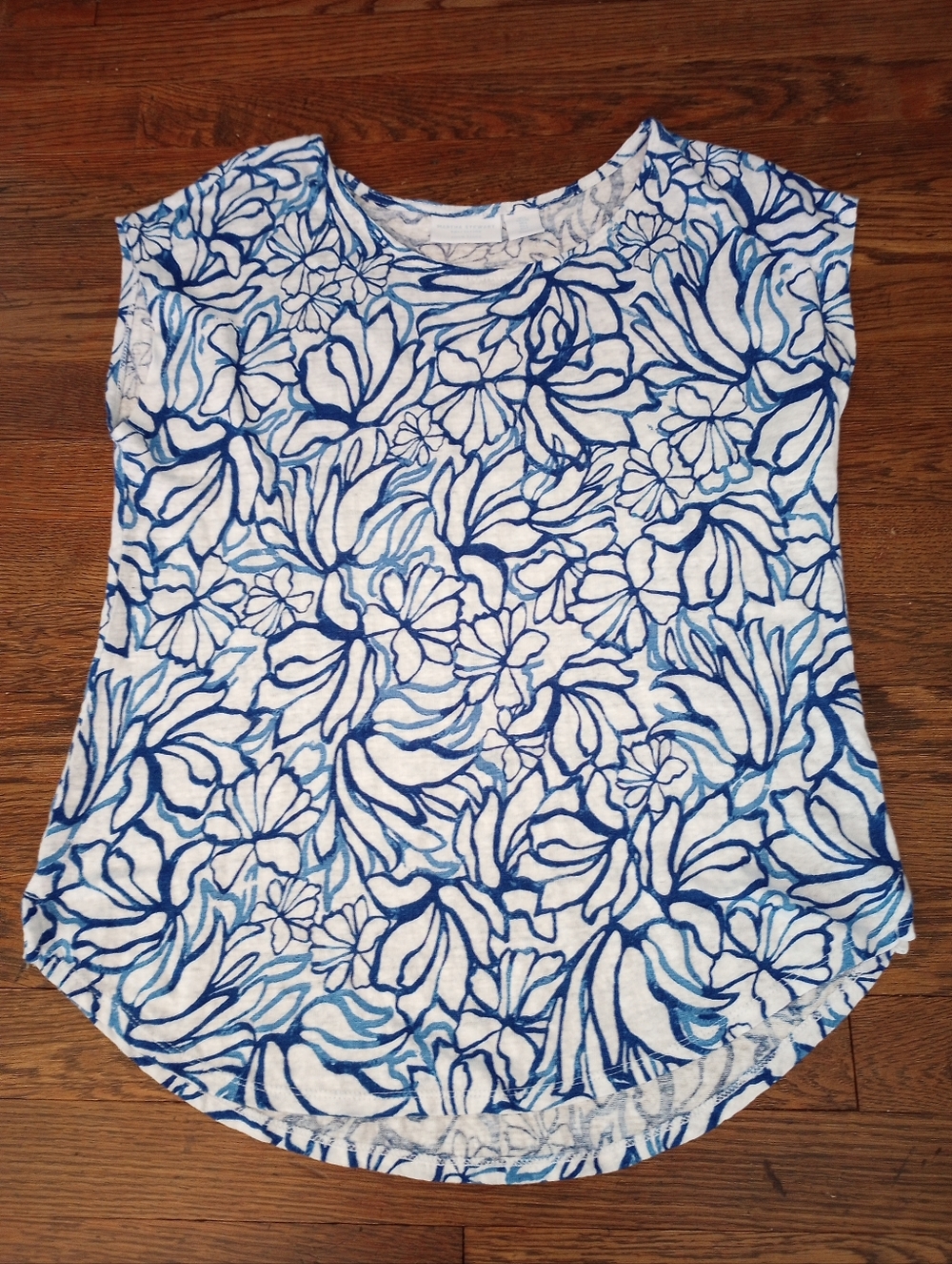 Martha Stewart Linen Blue White Floral Cap Sleeve Top Size Large Lightweight